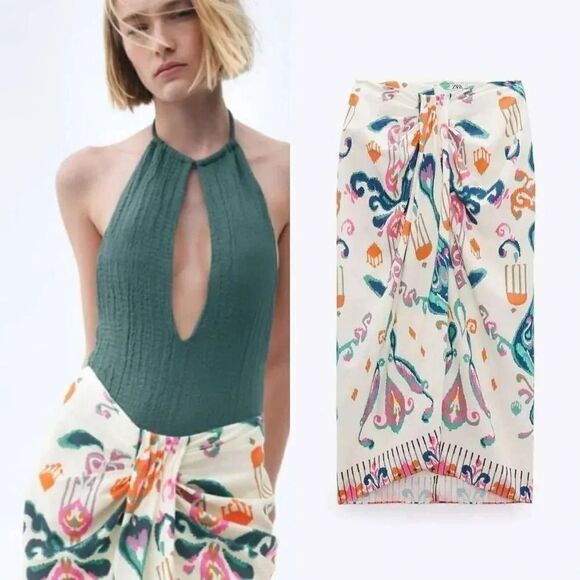 New Zara LINEN BLEND KNOTTED PARE SKIRT,Size XS,Color Ecru - Picture 3 of 12